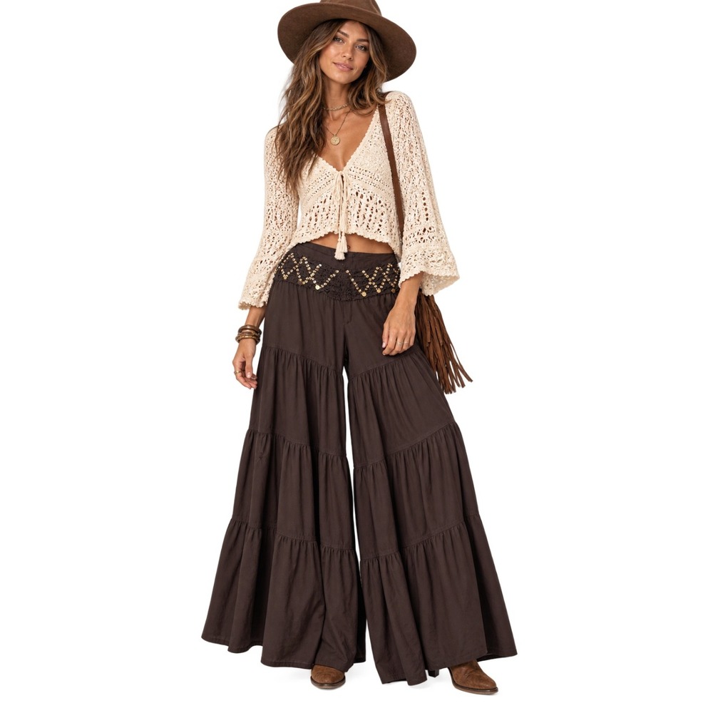 Vintage Y2K Tiered Wide Leg Palazzo Pants Sequins Brown Boho Large Forever 21
